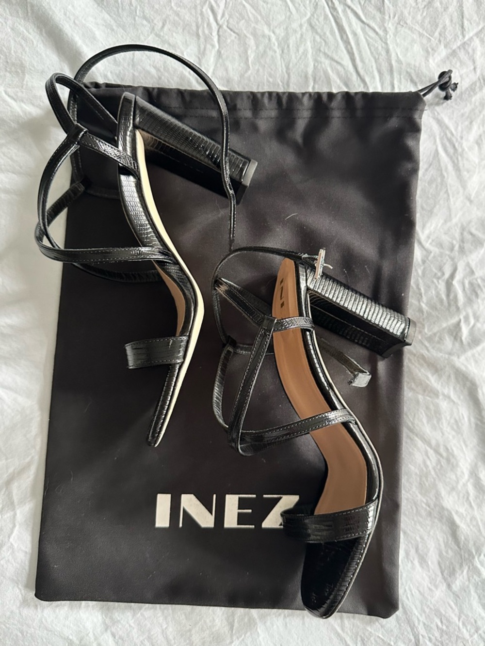 INEZ Selena Heeled Sandals in Black Lizard Embossed Leather - Picture 4 of 7